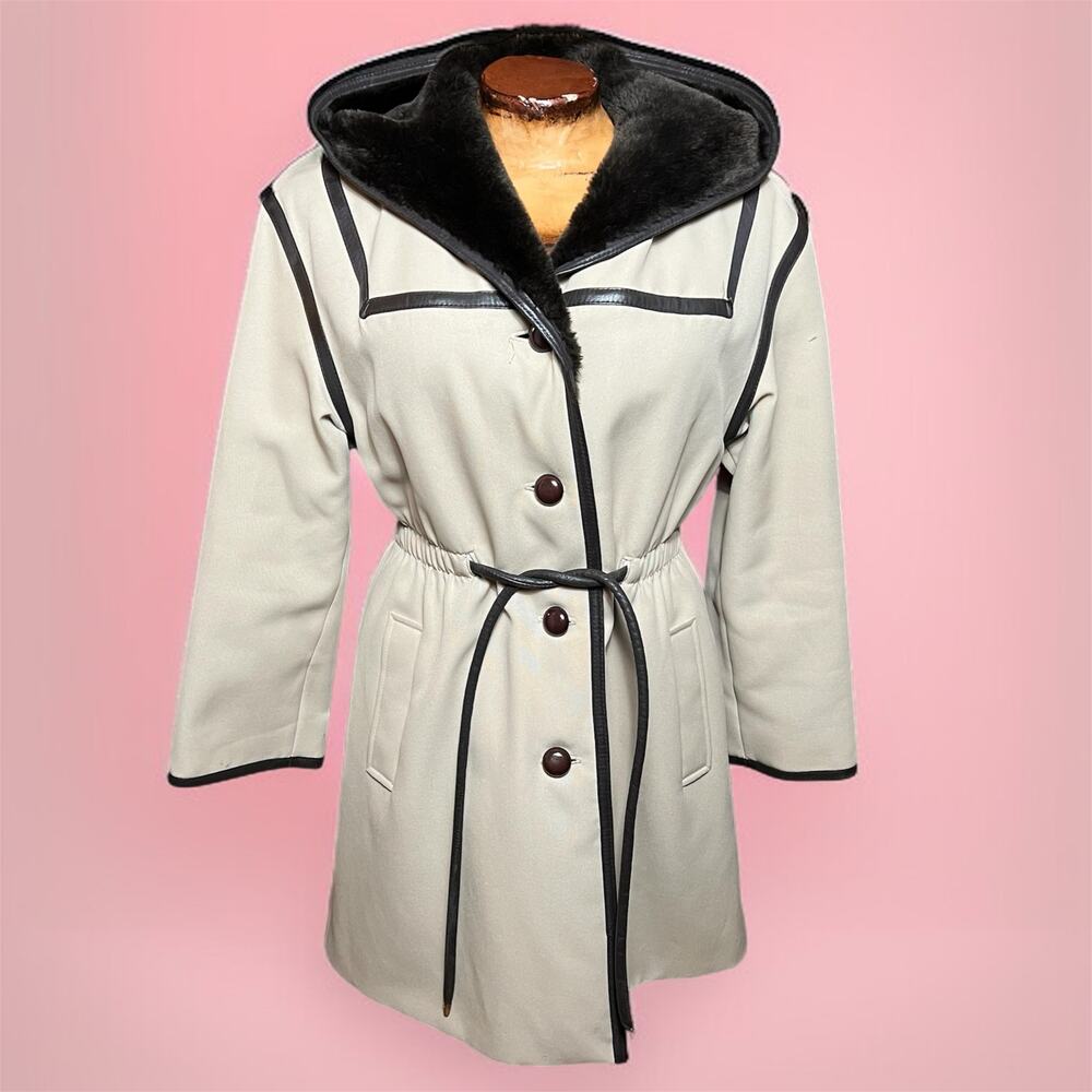 VINTAGE 70s Country Pacer Hooded Trench Coat Size S Sherpa Lined Leather Trim